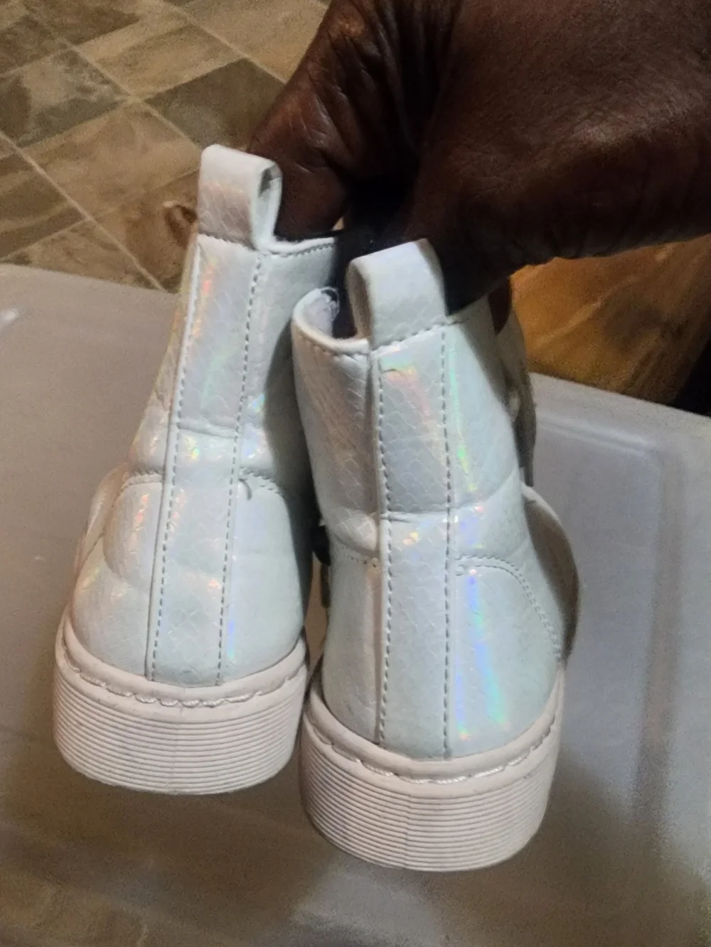 Tahari White Iridescent Kids Lace-Up High-Top Boots Size 8 Glitter Zipper